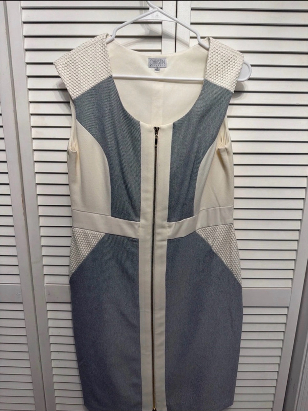 Christina Cream and Gray Zip-Front Colorblock Midi Dress